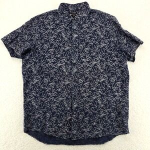 Michael Kors Mens Shirt Size L Short Sleeve Button Down Navy White Leaf Print